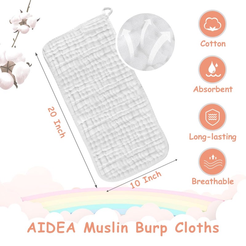 AIDEA Burp Cloths-20"x10", Muslin Burp Cloths for Babies, Highly Absorbent Cotton Burp Cloths, Large Soft Breathable Baby Rags for Boys and Girls, Newborn Essentials, White-10 Pack - Image 2