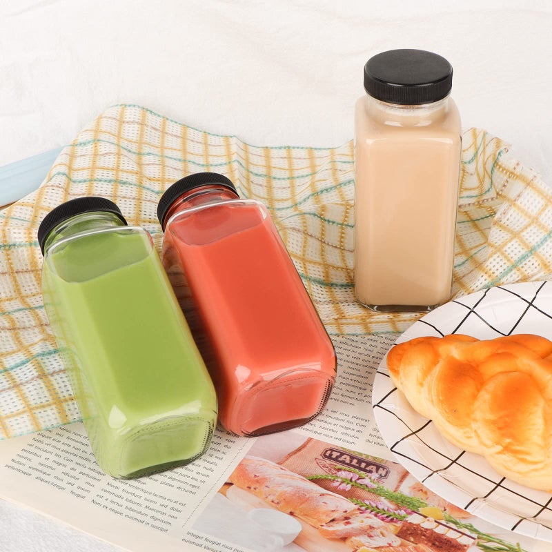 GUANENA 12 Pack Glass Drink Bottles, 8.5 OZ Vintage Square Water Bottles with Lids, Juice Bottles Beverages Containers for Milk, Kombucha, Smoothies - Image 5