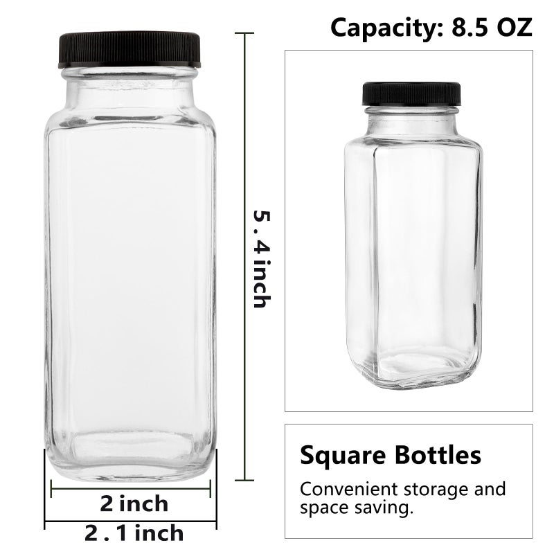 GUANENA 12 Pack Glass Drink Bottles, 8.5 OZ Vintage Square Water Bottles with Lids, Juice Bottles Beverages Containers for Milk, Kombucha, Smoothies - Image 2