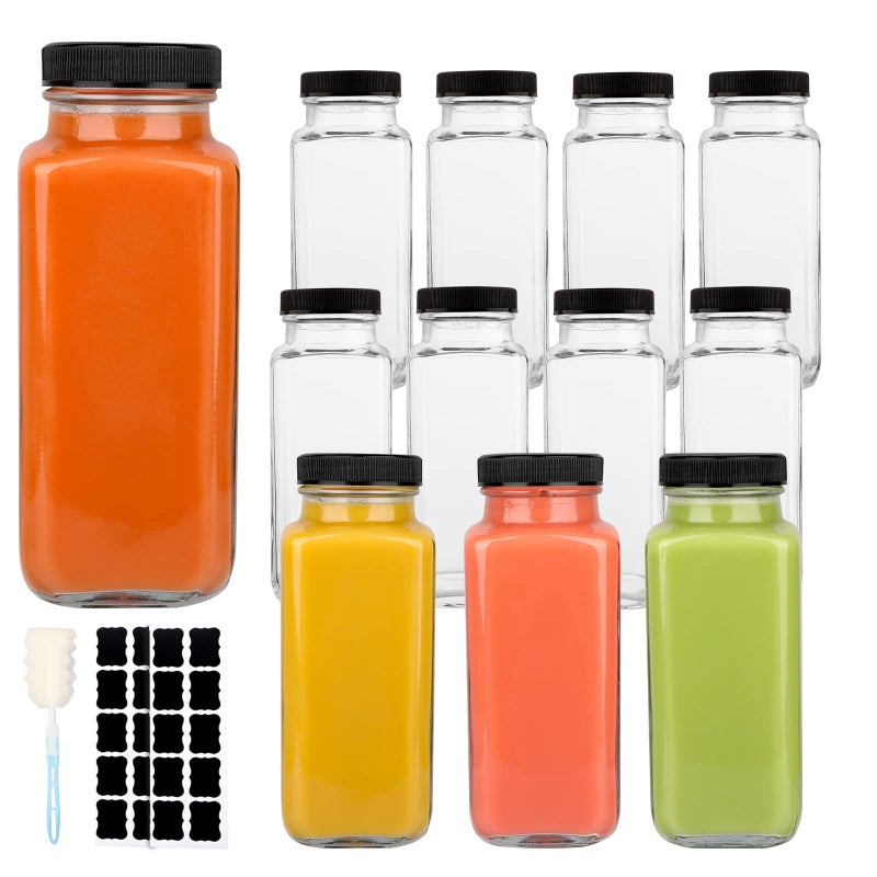 GUANENA 12 Pack Glass Drink Bottles, 8.5 OZ Vintage Square Water Bottles with Lids, Juice Bottles Beverages Containers for Milk, Kombucha, Smoothies - Image 1