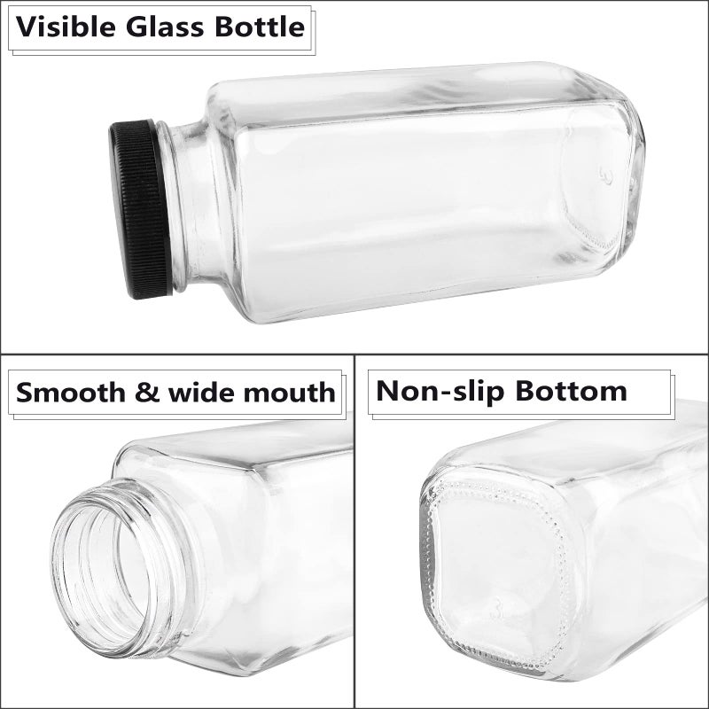 GUANENA 12 Pack Glass Drink Bottles, 8.5 OZ Vintage Square Water Bottles with Lids, Juice Bottles Beverages Containers for Milk, Kombucha, Smoothies - Image 3