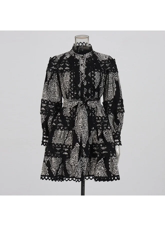 Madam Uniq New Stylish Single-Stand Collar Hollow Out Crochet Patchwork Color-Blocked Tie-Back Long Sleeve Short Dress