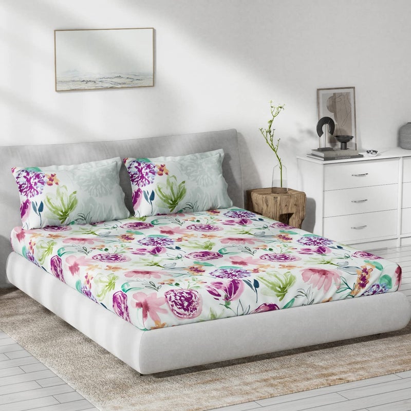 DDECOR Live beautiful DDECOR Pack of 1 Summer Blooms Floral Cotton Double Bedsheet with 2 Pillow Covers Pink 