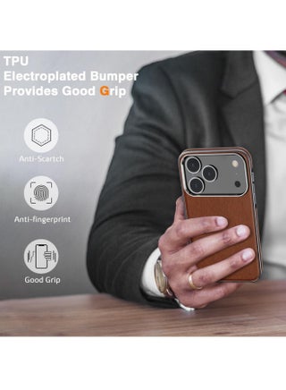 جراب لهاتف iPhone 17 Pro Max، متوافق مع Magsafe، مصنوع من جلد فاخر مطلي كهربائيًا مع بطانة من الألياف الدقيقة، بتصميم كلاسيكي عملي، مقاوم للصدمات، ومقبض ناعم، وغطاء مغناطيسي (بني، iPhone 17 Pro Max). - view 5