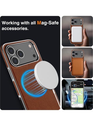 جراب لهاتف iPhone 17 Pro Max، متوافق مع Magsafe، مصنوع من جلد فاخر مطلي كهربائيًا مع بطانة من الألياف الدقيقة، بتصميم كلاسيكي عملي، مقاوم للصدمات، ومقبض ناعم، وغطاء مغناطيسي (بني، iPhone 17 Pro Max). - view 2
