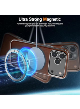 جراب لهاتف iPhone 17 Pro Max، متوافق مع Magsafe، مصنوع من جلد فاخر مطلي كهربائيًا مع بطانة من الألياف الدقيقة، بتصميم كلاسيكي عملي، مقاوم للصدمات، ومقبض ناعم، وغطاء مغناطيسي (بني، iPhone 17 Pro Max). - view 3