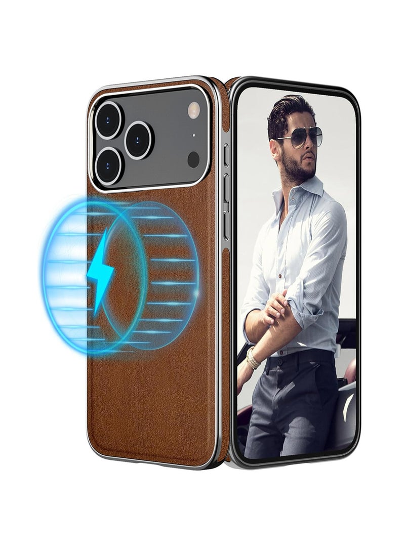 اووكاي جراب لهاتف iPhone 17 Pro Max، متوافق مع Magsafe، مصنوع من جلد فاخر مطلي كهربائيًا مع بطانة من الألياف الدقيقة، بتصميم كلاسيكي عملي، مقاوم للصدمات، ومقبض ناعم، وغطاء مغناطيسي (بني، iPhone 17 Pro Max). - Image 1