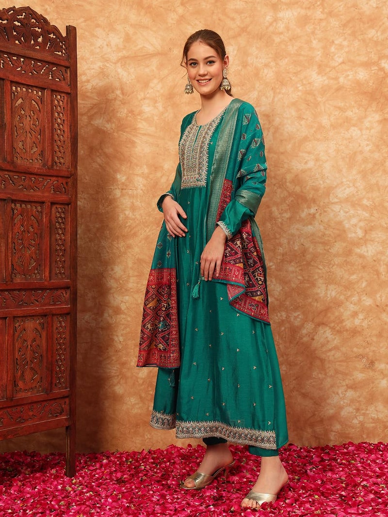 SHOPPING QUEEN Women's Silk Embroidered Kurta, Pyjama & Dupatta Set (A604_Turquoise_M) - Image 3