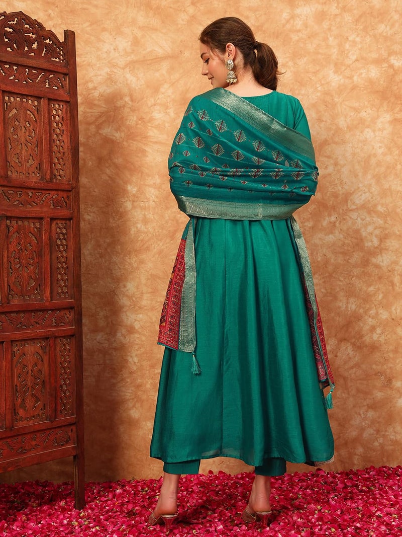 SHOPPING QUEEN Women's Silk Embroidered Kurta, Pyjama & Dupatta Set (A604_Turquoise_M) - Image 2