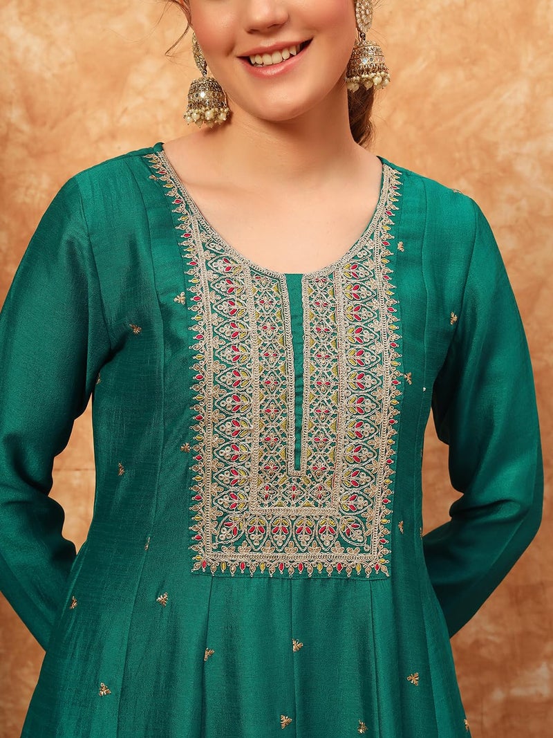 SHOPPING QUEEN Women's Silk Embroidered Kurta, Pyjama & Dupatta Set (A604_Turquoise_M) - Image 4