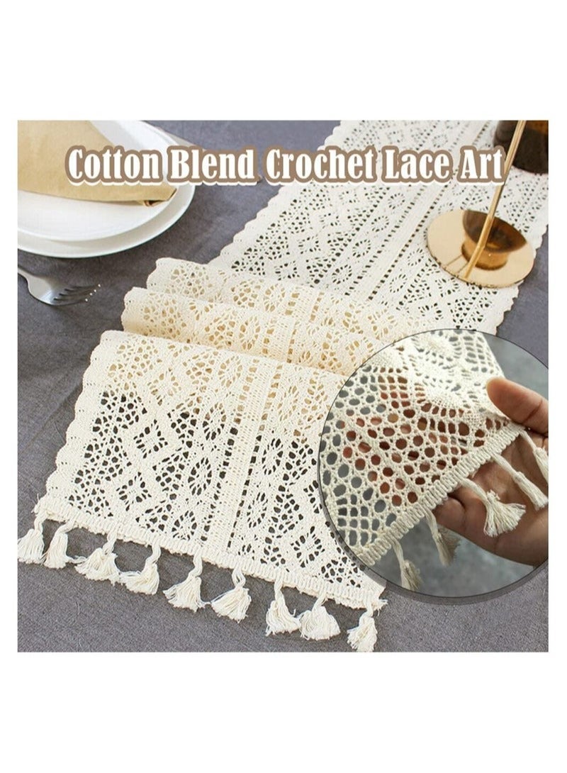 SYOSI Beige Lace Cotton Crochet Lace Tablecloth with Tassel Tablebells Cotton Crochet Table Cover Bohemian Wedding Tablecloth Wedding New House Decoration, Family Table Decoration (24x180cm) - Image 1