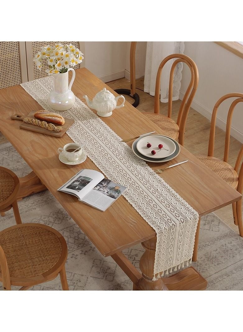 SYOSI Beige Lace Cotton Crochet Lace Tablecloth with Tassel Tablebells Cotton Crochet Table Cover Bohemian Wedding Tablecloth Wedding New House Decoration, Family Table Decoration (24x180cm) - Image 4