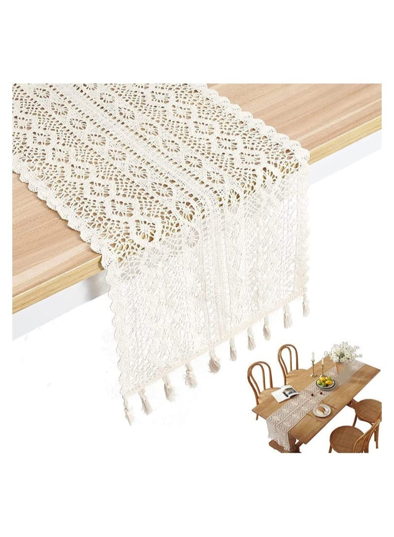 SYOSI Beige Lace Cotton Crochet Lace Tablecloth with Tassel Tablebells Cotton Crochet Table Cover Bohemian Wedding Tablecloth Wedding New House Decoration, Family Table Decoration (24x180cm) - Image 3