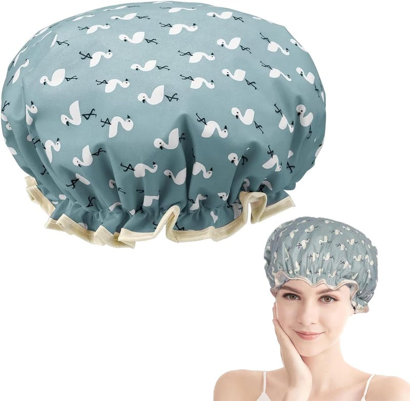 Double Layer Shower Cap for Women Waterproof Reusable Elastic Band Ruffled Edges Covering Ears for Long Short Curly Hair Blue Bird