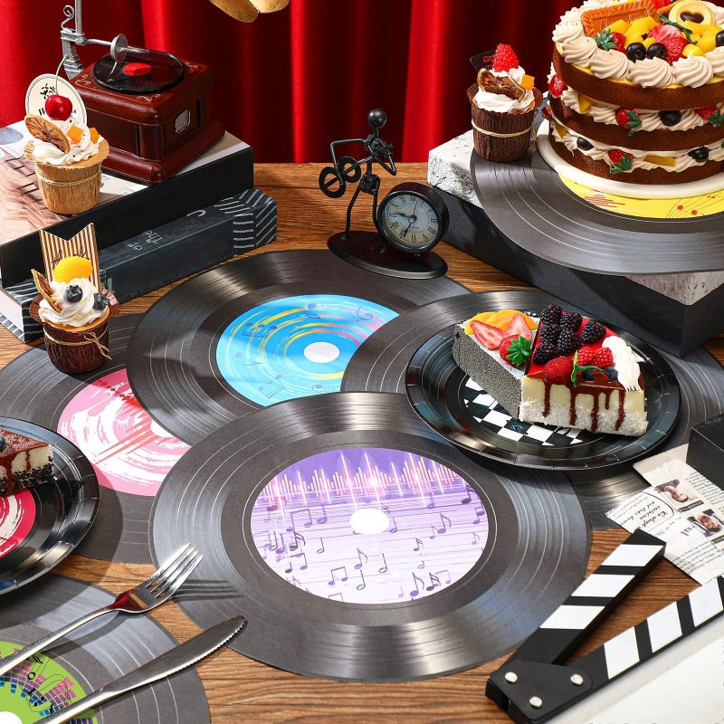 FillTouch 60 Pcs 13'' 1950's Rock and Roll Vinyl Record Placemat Vintage Musical Theme Table Place Mats Paper Round Disposable Placemats 50's Theme Rock Party Table Mats for Dining Home Decorations - Image 4