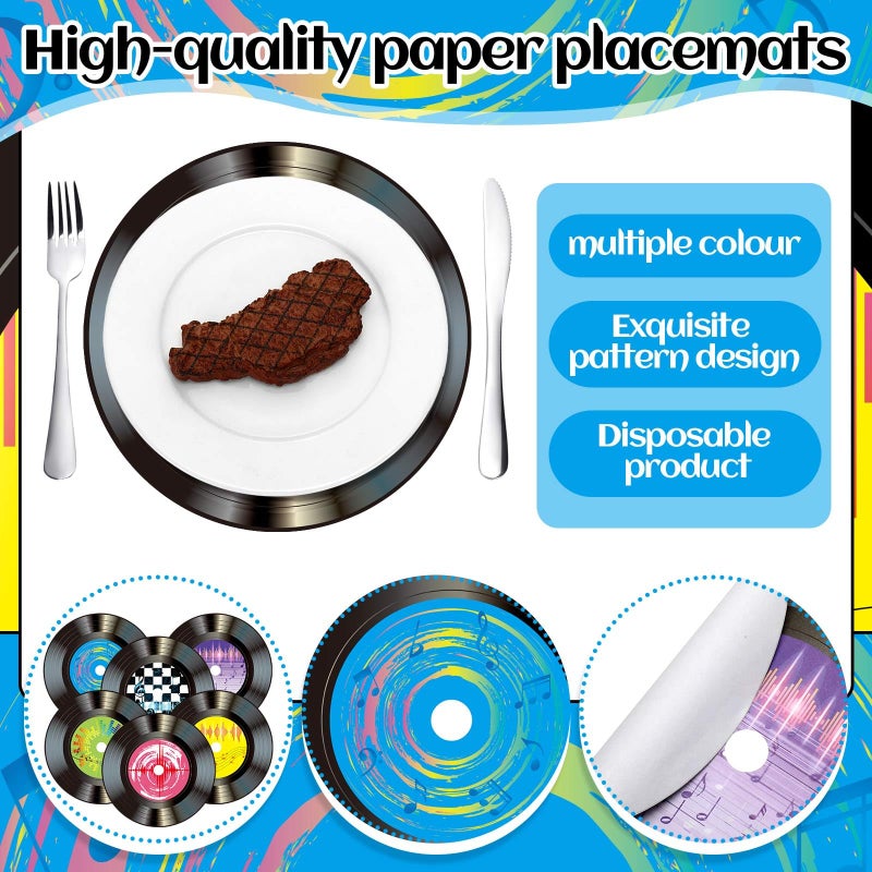 FillTouch 60 Pcs 13'' 1950's Rock and Roll Vinyl Record Placemat Vintage Musical Theme Table Place Mats Paper Round Disposable Placemats 50's Theme Rock Party Table Mats for Dining Home Decorations - Image 3