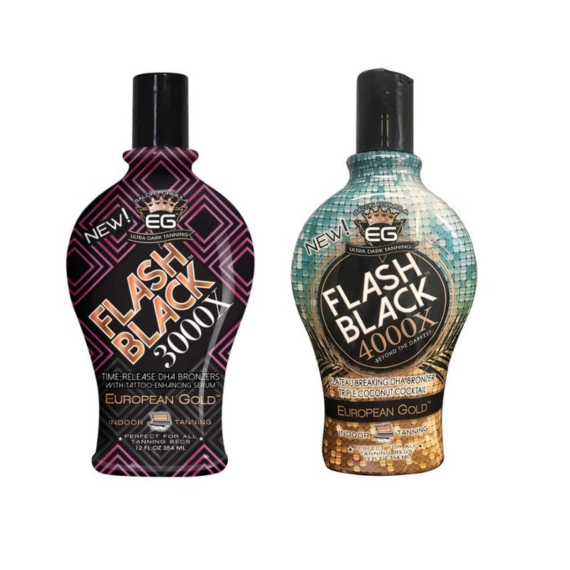 hephboard Bundle Set of 2: European Gold Flash Black 3000X Indoor Tanning Lotion with Time-Release DHA Bronzers, 12 oz and European Gold Flash Black 4000X Indoor Tanning Lotion with Time-Release DHA Bronzers - Image 1