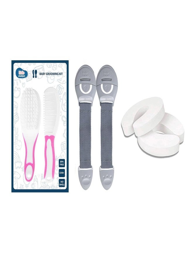 Chipmunks Baby Proofing Finger Pinch Door Guard for Kids Safety, Made in India, Door Stopper Guard for Accidental Door Lock & Slamming for Child, Babies & Pet Safety (Multi, 2 Lock Grey+2 Door Stopper+1 Grooming Kit Pink) - Image 1