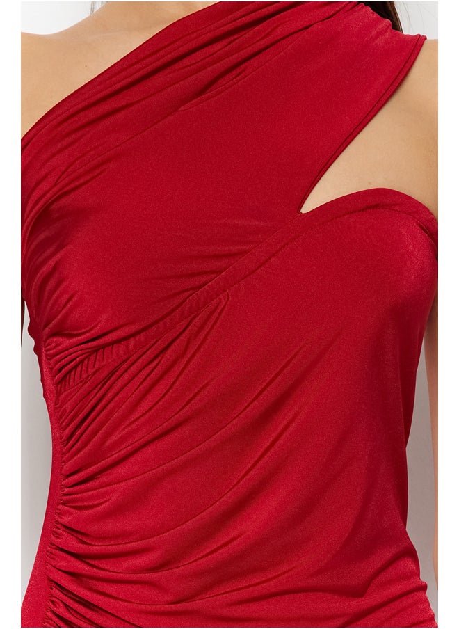 trendyol - Burgundy One-Shoulder Gathered Detailed Long Evening Evening Dress TPRSS23AE00257 - Image 1