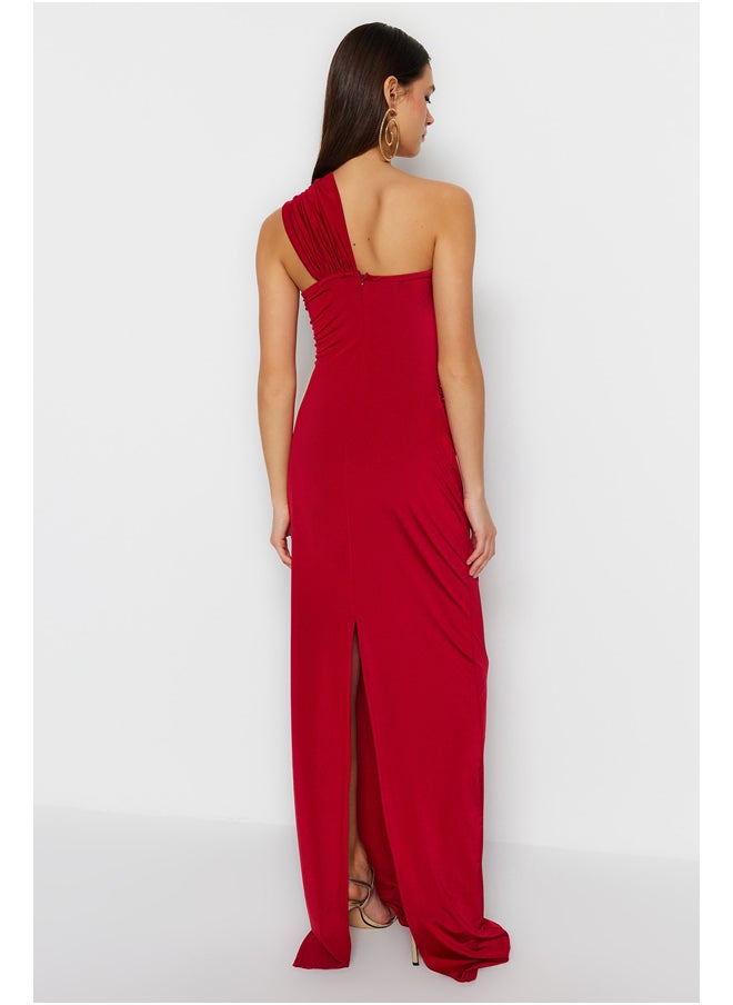 trendyol - Burgundy One-Shoulder Gathered Detailed Long Evening Evening Dress TPRSS23AE00257 - Image 1