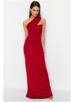 Burgundy One-Shoulder Gathered Detailed Long Evening Evening Dress TPRSS23AE00257