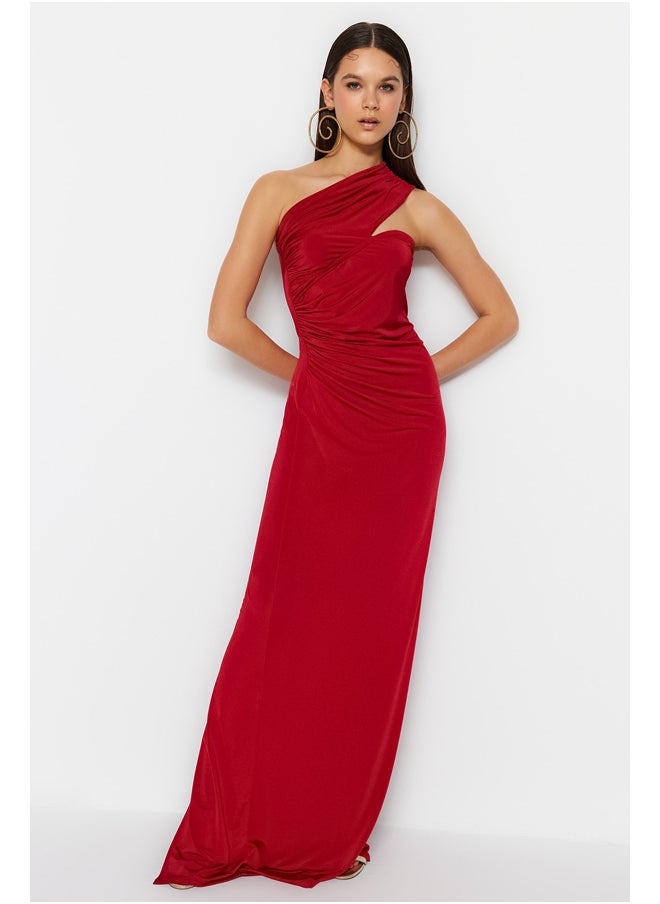 trendyol - Burgundy One-Shoulder Gathered Detailed Long Evening Evening Dress TPRSS23AE00257 - Image 1