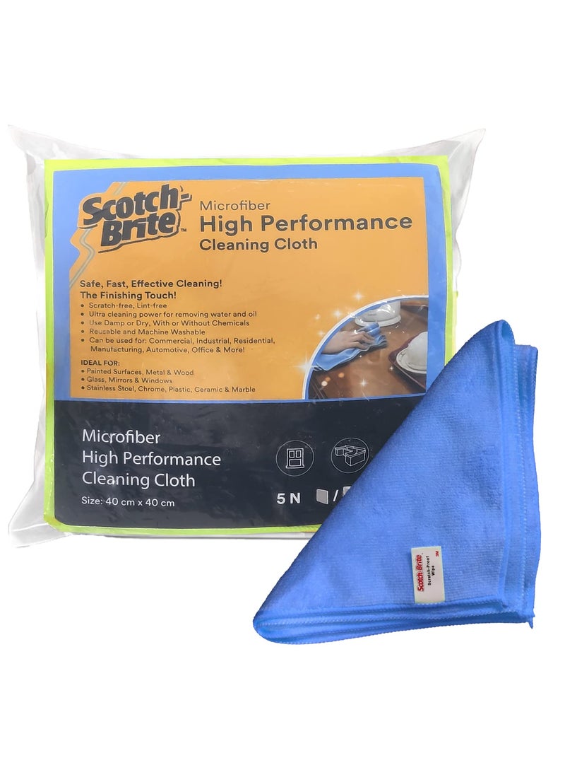 Scotch Brite ScotchBrite 3M High Performance Microfiber Cleaning Cloth 300 GSM Lint Scratch Free Multi Use for Glass Metal Wood Superior Stain Removal Wipe Cloth 40 cm X 40 cm Blue Packs of 5  - Image 1