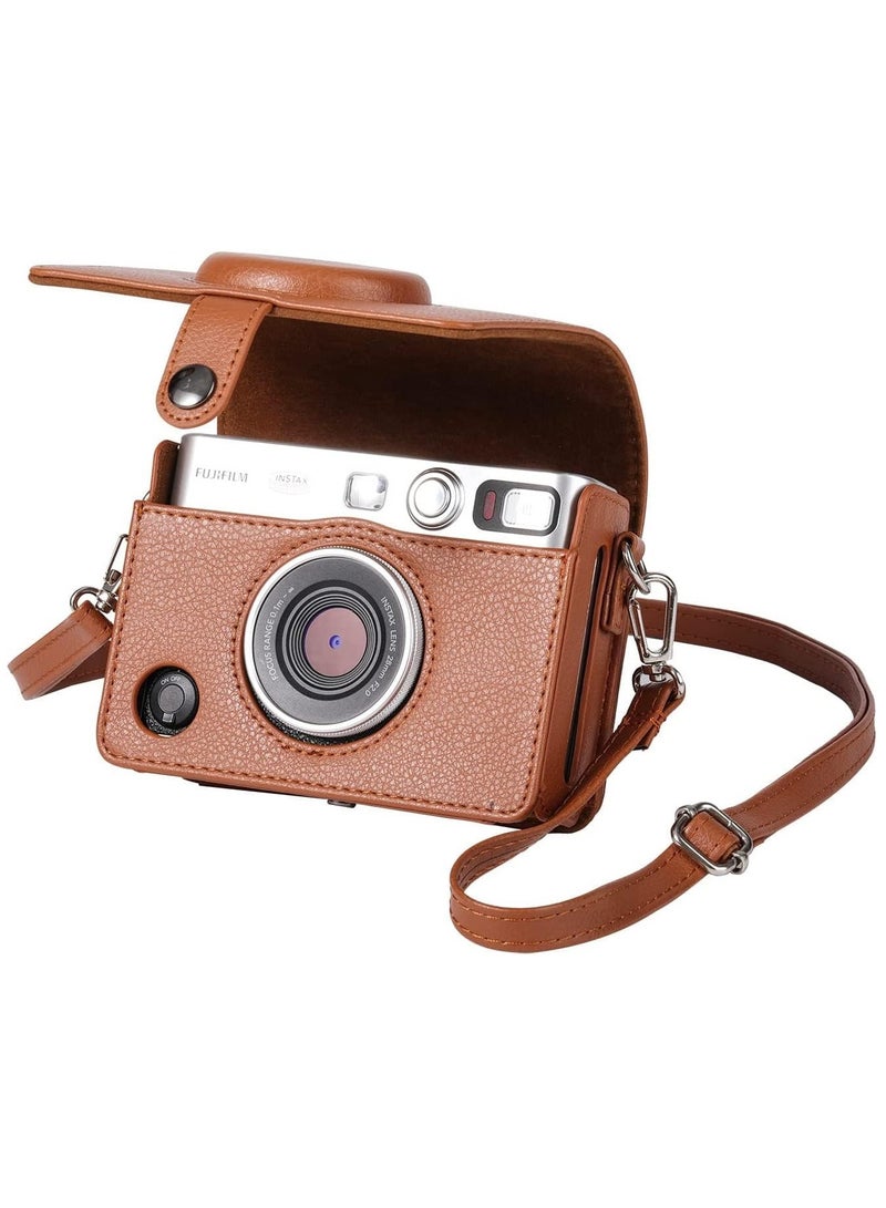 erorex Case for Fuji Mini Evo Camera With Adjustable Shoulder Strap in Brown Lychee Texture Horizontal Style  - Image 1