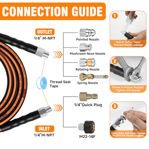 Zebra Clean 50FT Sewer Jetter Kit for Pressure Washer 14 NPT Corner Drain Cleaner Hose 5800 PSI with Sewer Jetting Nozzles Pearl Corsage Pin Waterproof Tape Extension Cord Organizer2 Spanner - Image 3