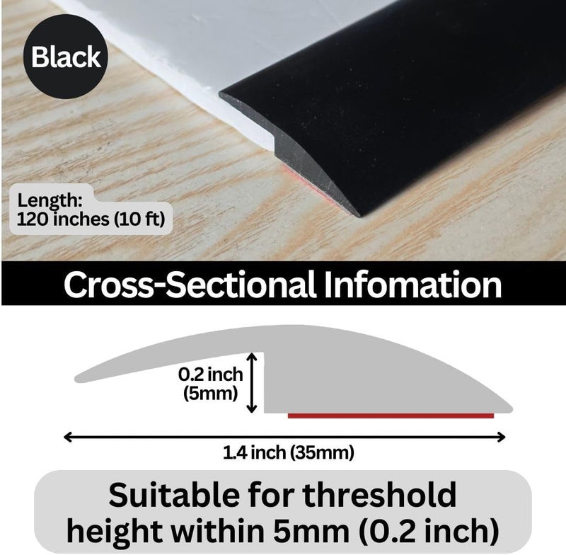 Maxiroc Floor Transition Strip Self Adhesive Carpet Wood Tile Vinyl Flooring Laminate Transition Cover Edge Trim Gap Doorway Threshold for Uneven Floors Heights Within 5 mm (Black, 120 inches) - Image 3