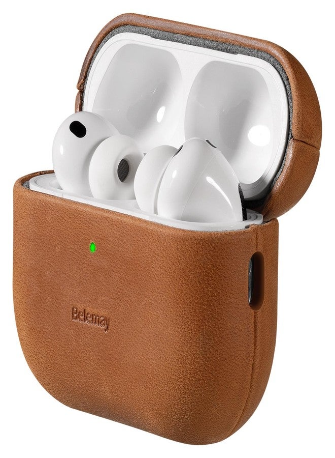 جراب بيليماي لسماعات AirPods Pro (الجيل الثاني) - جلد كريزي هورس فاخر - مظهر عتيق أنيق - قبضة محكمة - متوافق مع تقنية MagSafe والشحن اللاسلكي - متوافق مع جراب AirPods Pro رقم 2 - لون بني فاتح - Image 1