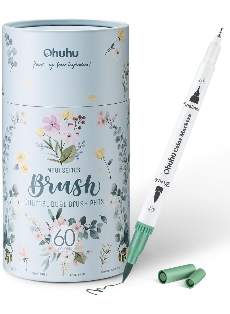 Ohuhu 60Colors Brush &Fineliner Color Pens, Water Based, White pen holder - Image 1
