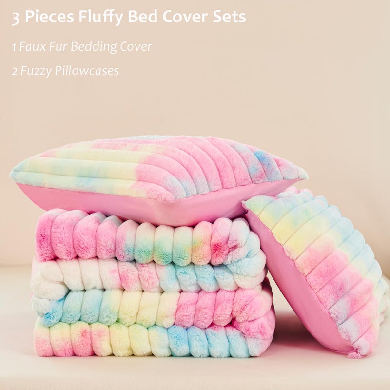 ANGIYUIN 3 Pieces Fluffy Twin Duvet Cover Sets for Girls Faxu Fur Plush Shaggy Kids Bedding Cover Set Tie Dye Pink Fuzzy Comforter Cover Set(Pink Rainbow Tiwn) - Image 5