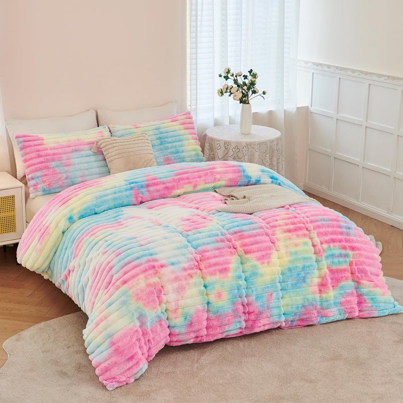 ANGIYUIN 3 Pieces Fluffy Twin Duvet Cover Sets for Girls Faxu Fur Plush Shaggy Kids Bedding Cover Set Tie Dye Pink Fuzzy Comforter Cover Set(Pink Rainbow Tiwn) - Image 4