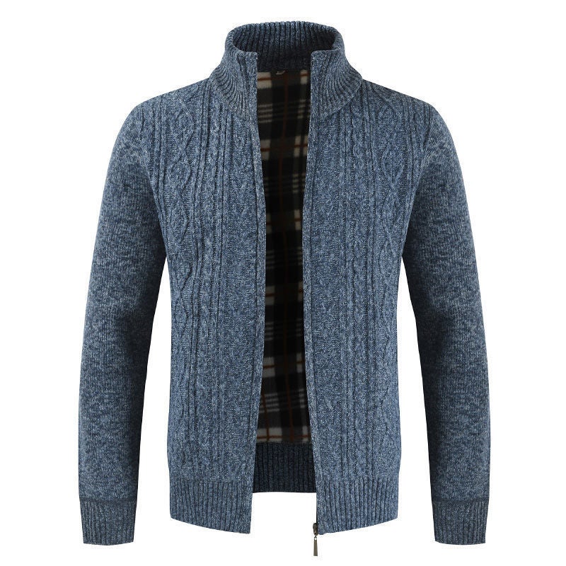 Sweater Top Autumn and Winter Solid Color Cardigan Casual All-match Slim-fit Collar Mens Zipper Collar Handsome Jacket 8830 blue