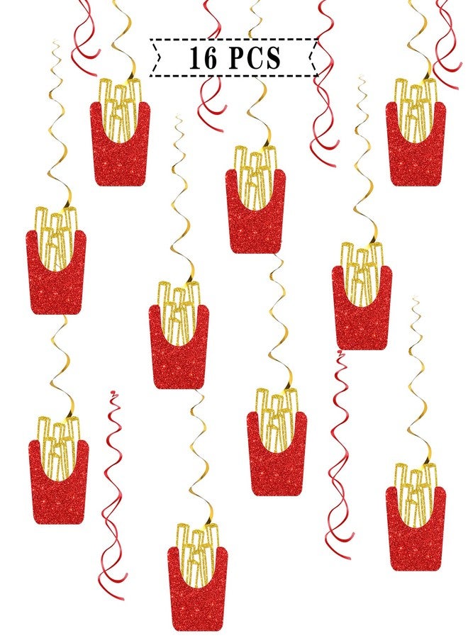 Maicaiffe French Fries Sign Hanging Swirl Decorations - Glitter 16 Pcs Fast Food Party Supplies - Girls Boys Birthday - Engagement - Wedding Streamers - Potato French Fries Party Foil Swirls Ceiling Decorations - Image 1