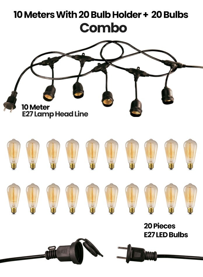 MODI Vintage Warm White LED String Light Set – 10M Cable with 20 Bulb Holders + 20 Edison-Style LED Bulbs – Indoor & Outdoor Decorative Lighting - Image 3