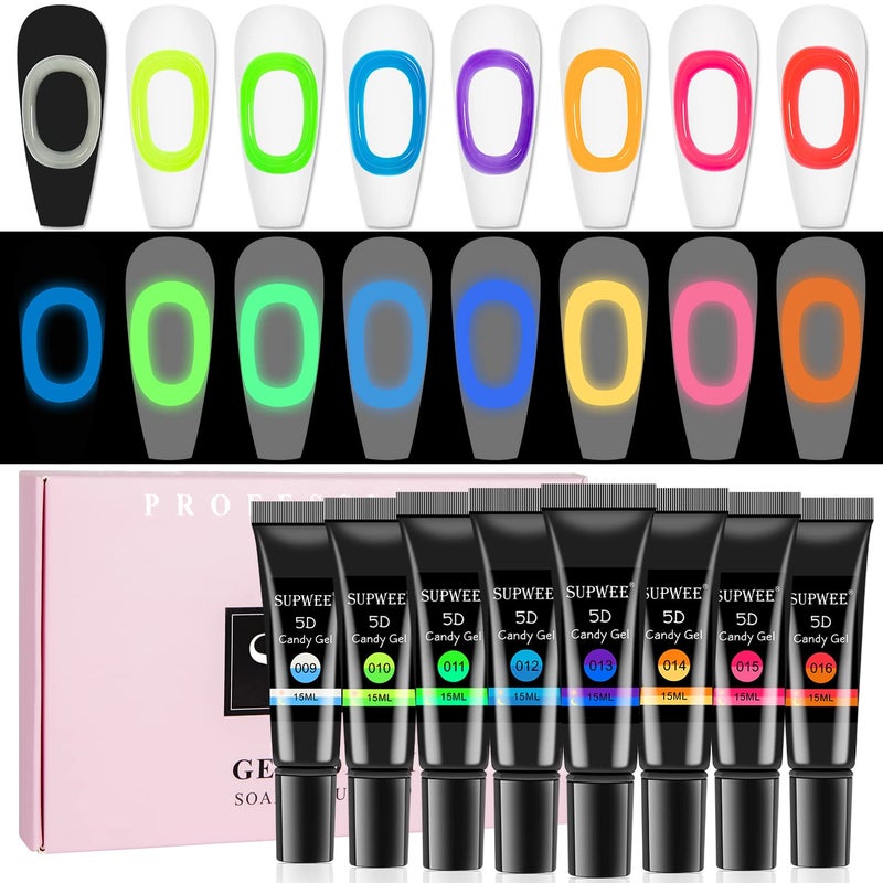 SUPWEE Glow in The Dark 3D Sculpting Gel - 8 Color Squeeze Tube for Carving, Painting, Drawing & Molding - UV Gel for Home Manicure & DIY Nail Salon Kit - Image 1