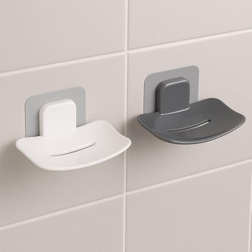 Satpurush Self-Adhesive Soap Holder for Bathroom (Pack of 2) Wall Mounted No-Drill Soap Stand with Water Drainage | Strong Sticker Plastic Soap Dish for Wash Basin & Kitchen (White & Gray) - Image 1