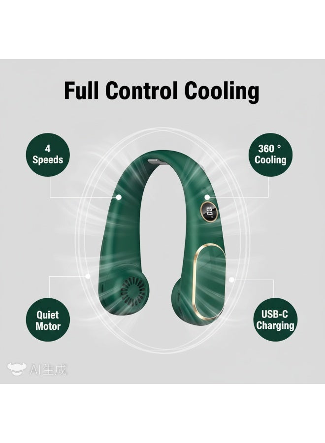 Y&D （Green）Portable 4000mAh Neck Fan Bladeless Wearable Personal Fan with 360°Cooling Airflow USB-C-type Rechargeable Personal Neck Fan Quiet Wearable Fan with 4 Wind Speed for Sports Outdoor Indoor - Image 4