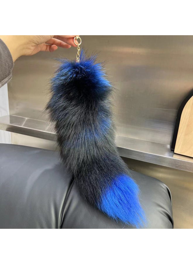 South Korea Cute Real Fox Fur Big Tail Car Keychain Pendant Personalized Simple Plush Bag Ornaments-Color:Sapphire Blue - Image 1