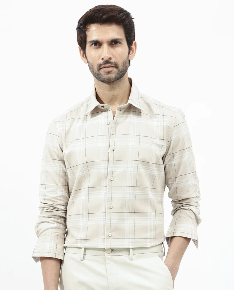 Rare Rabbit Rare Rabbit Men's Marron Beige Cotton Fabric Full Sleeve Regular Fit Checks Shirt