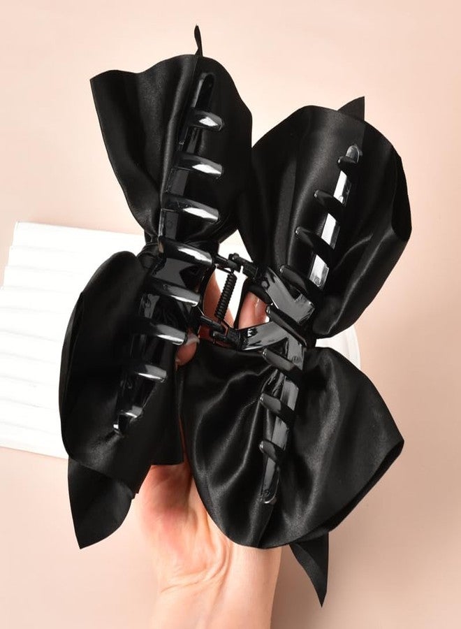 YangQian Big Hair Bows for Women Claw Clips Decorations Accessories for Thick Hair Black Silk Bowknot Ponytail Satin Jaw Clips for Girls - Image 3