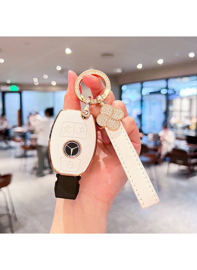 Generic - Suitable For Mercedes-Benz Key Cover C- Class C200L/GLC260L/E-class E300GLE/GLA200/S-class Buckle Case-Color:Mercedes-benz A Three-button [elegant Gray] Single Shell + Four-leaf Clover Rope - Image 1