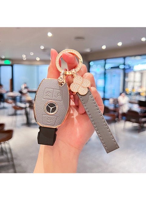 Suitable For Mercedes-Benz Key Cover C- Class C200L/GLC260L/E-class E300GLE/GLA200/S-class Buckle Case-Color:Mercedes-benz A Three-button [elegant Gray] Single Shell + Four-leaf Clover Rope