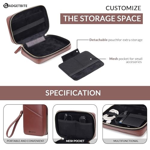 Gadgetbite Genuine Leather Tech Organiser for Travel and Daily Use, Portable Bag Organiser, Cable Organiser, Multipurpose Pouch (Brown) - Image 4