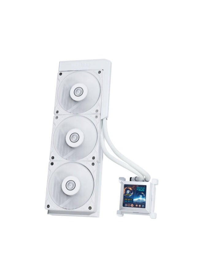 LIAN LI HydroShift LCD 360S AIO Liquid CPU Cooler, 360mm Radiator, 2.88" IPS Display, 3800 RPM Pump Speed, 2500 RPM Fan Speed, 73.14 CFM Airflow, FBD Bearing Type, White | G89.GHSLCD36SW.00  - Image 1