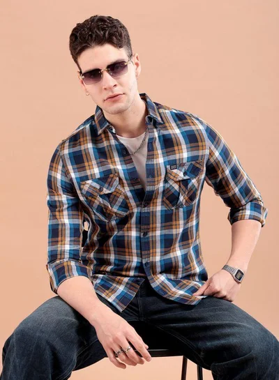 ذا انديان كراج كو Men Slim Fit Checkered Full Sleeves Cutaway Collar Casual Shirt