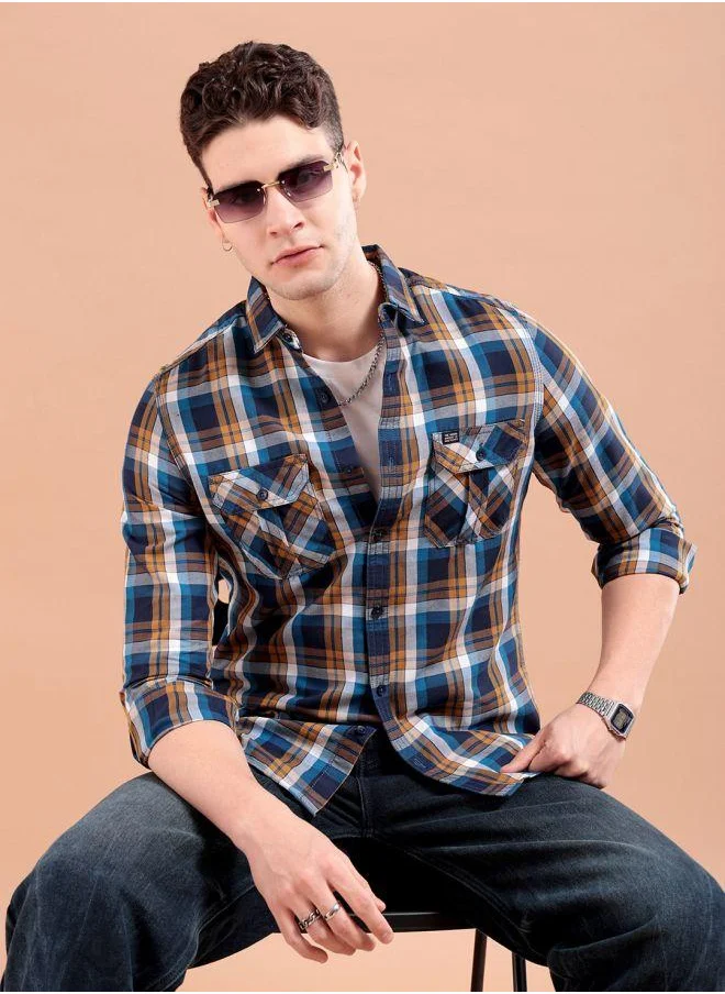شركة المرآب الهندية Men Slim Fit Checkered Full Sleeves Cutaway Collar Casual Shirt