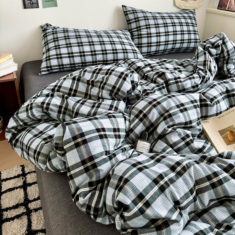 mixinni Vintage Grey & Pale Blue Buffalo Plaid Duvet Cover Set Full Size - 3 Piece Washed Cotton Bedding Set with Grid Pattern, Soft & Breathable Duvet Cover with Pillowcases for Boys, Men& Women - Image 1